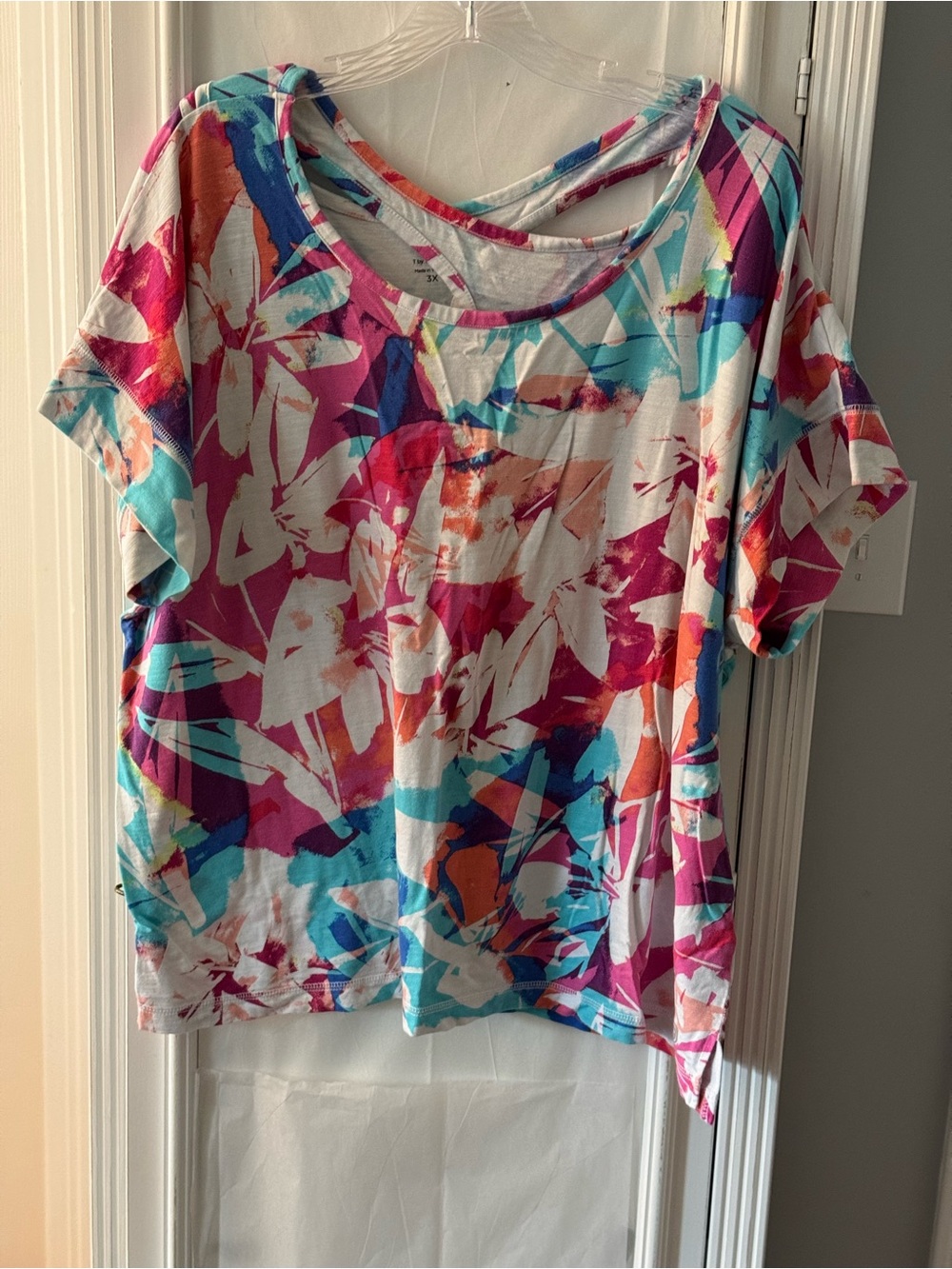 T by Talbots Multicolor Cross Back Floral Abstract Short Sleeve Top Size 3X